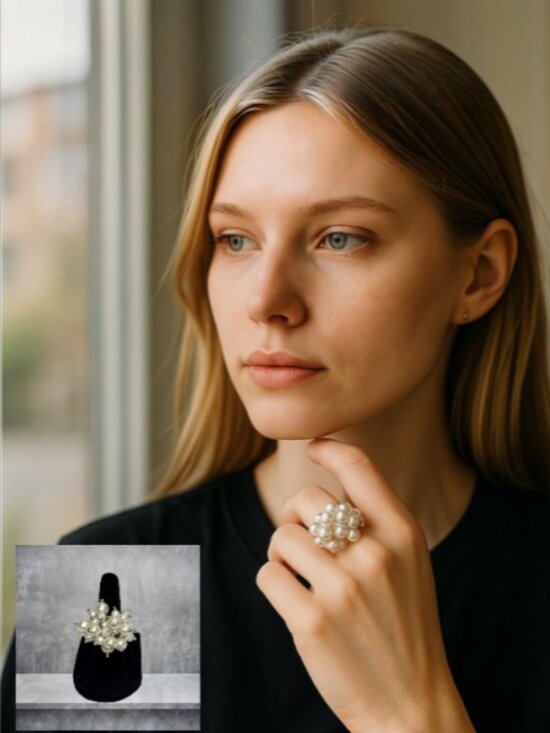 Jewelry - Ring "Cluster of Pearls" with Faux Pearls, Silver Toned Band